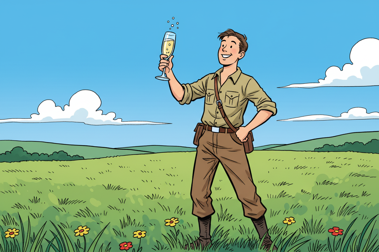 A dynamic, Tintin-style illustration depicts a person a green field with a glass of Champagne. The scene is rendered with bold lines and vibrant, clear colors, suggesting a sense of adventure. The person is shown comfortable, his expression relaxed, and the background is simplified to emphasize the action. No text.