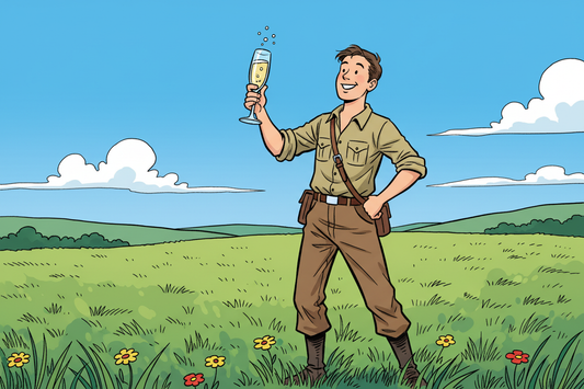 A dynamic, Tintin-style illustration depicts a person a green field with a glass of Champagne. The scene is rendered with bold lines and vibrant, clear colors, suggesting a sense of adventure. The person is shown comfortable, his expression relaxed, and the background is simplified to emphasize the action. No text.