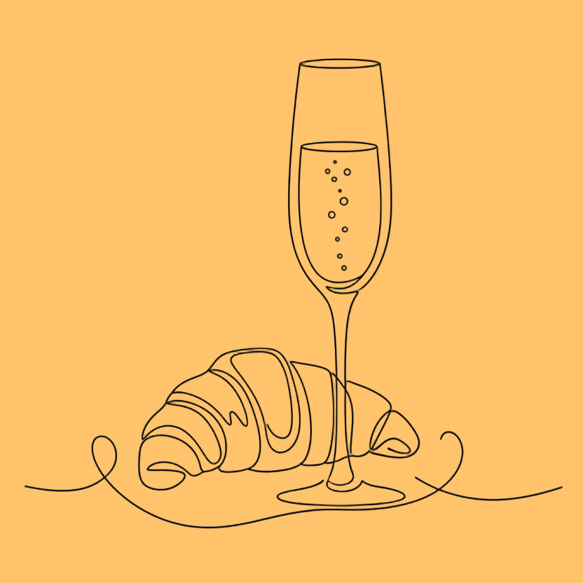 croissant and glass of champagne, abstract line drawing